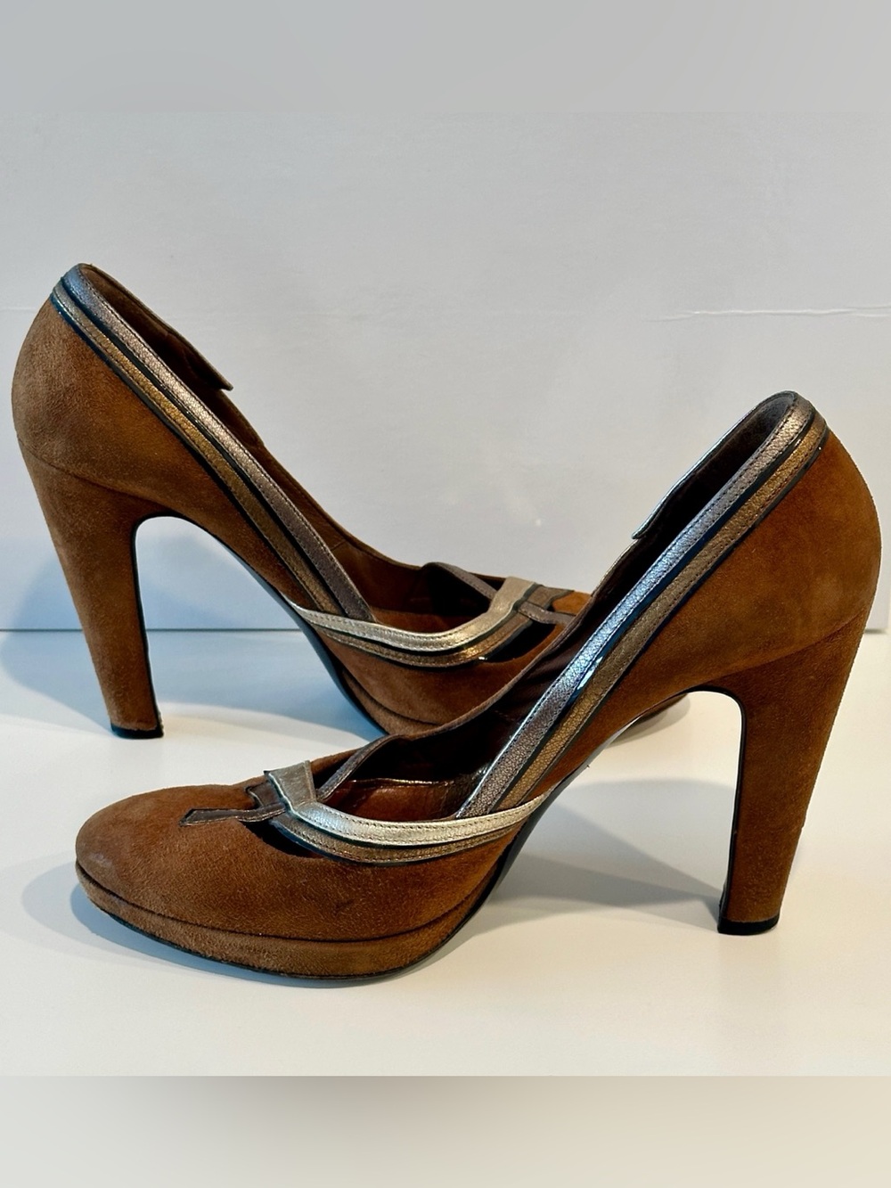 Vintage Prada Brown Suede Pumps — Gold/Bronze Trim (EU 38) - Picture 3 of 5